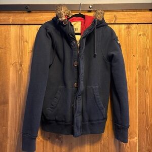 Hollister Dark Blue Bomber Jacket with Faux Fur Trim